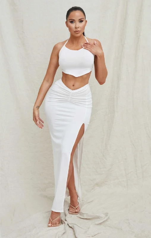 Cream Halter Neck Pointed Hem Crop Top High Waisted Ruched Split Maxi Skirt Co-ord - Roslyn