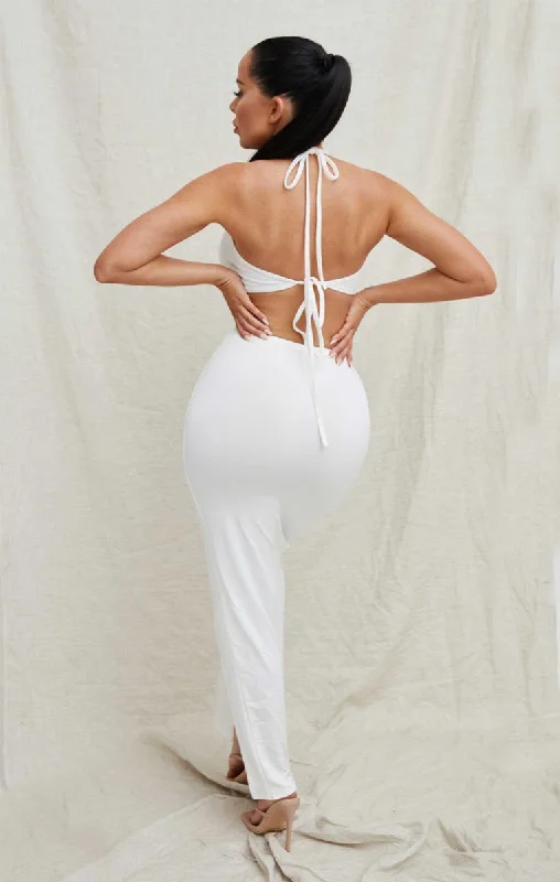 Cream Halter Neck Pointed Hem Crop Top High Waisted Ruched Split Maxi Skirt Co-ord - Roslyn