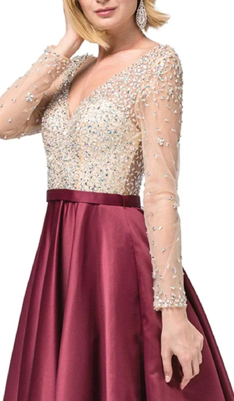 Dancing Queen - 2840 Long Sleeve Beaded Satin Dress