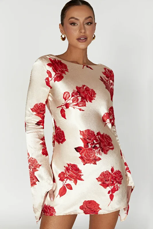 Davina Satin Long Sleeve Mini Dress - Rose Print