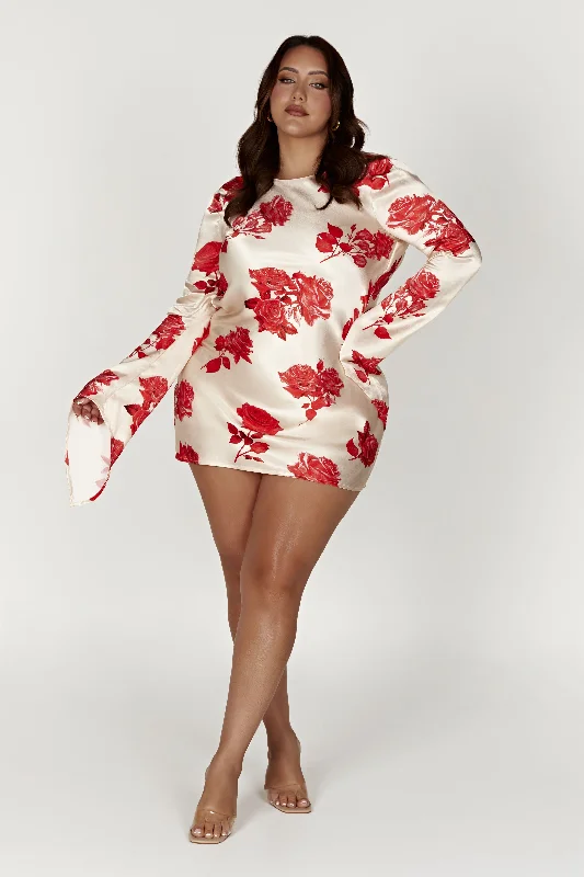 Davina Satin Long Sleeve Mini Dress - Rose Print