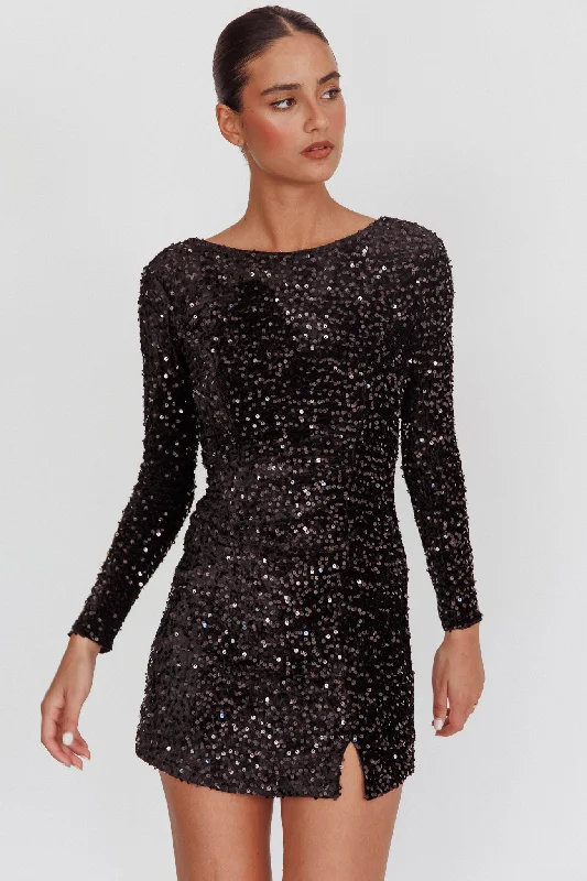 Demure Long Sleeve Open Back Dress Sequin Black