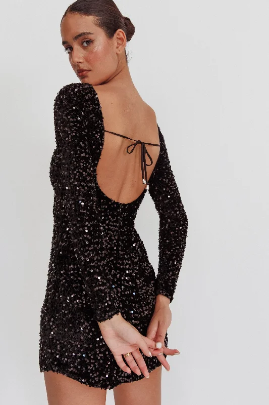 Demure Long Sleeve Open Back Dress Sequin Black