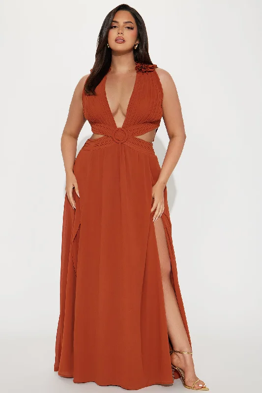 Draping Dreams Chiffon Maxi Dress - Rust