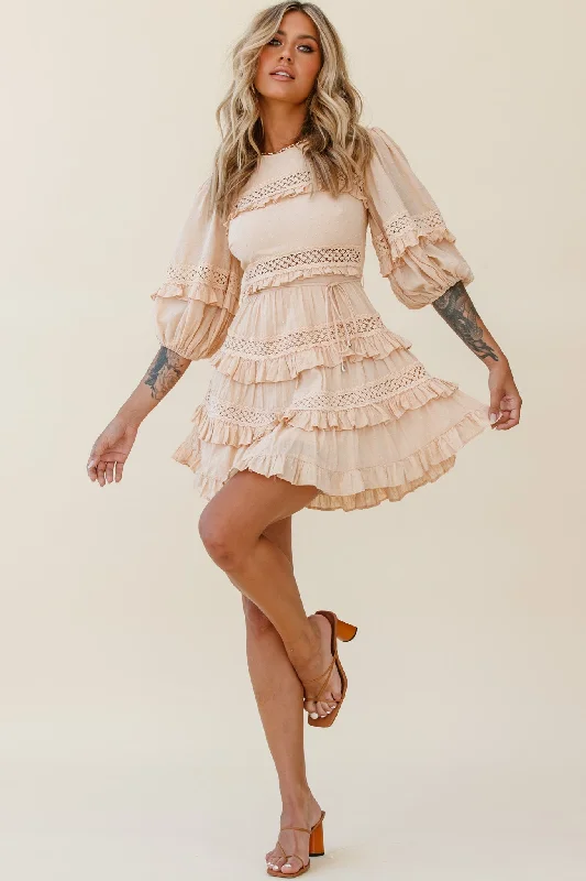 Dream About It Puff Sleeve Frill Dress Nude