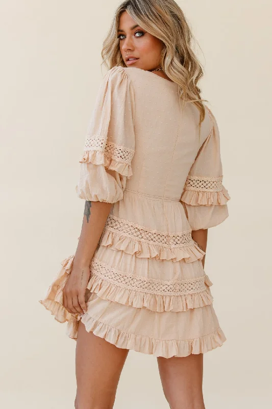 Dream About It Puff Sleeve Frill Dress Nude