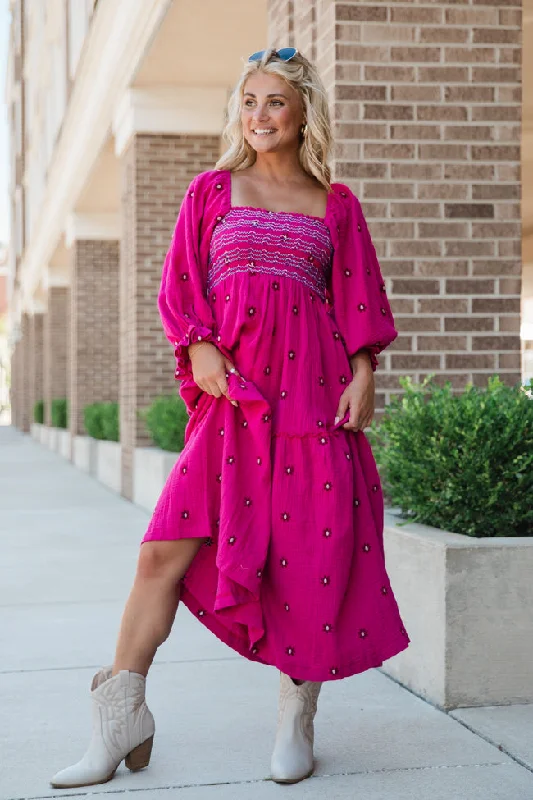 Dress To Impress Pink Floral Stitched Smocked Top Dress