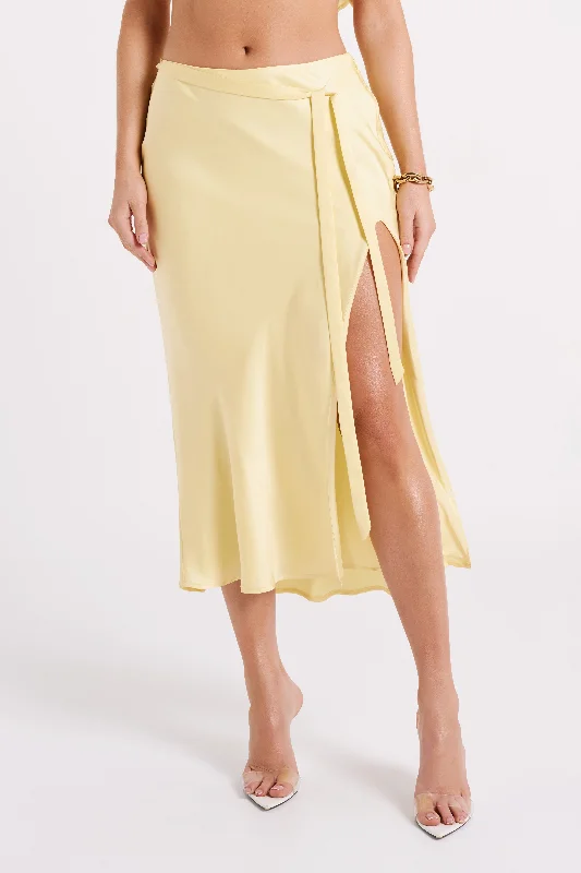 Edie Satin Midi Skirt With Tie - Yellow