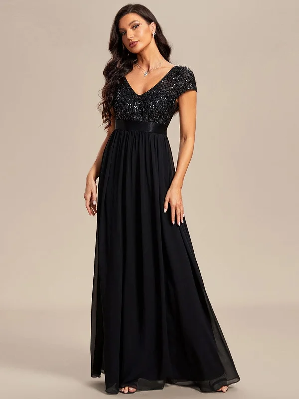 Empire Waist V-Neck Cap Sleeve Chiffon Formal Evening Dress