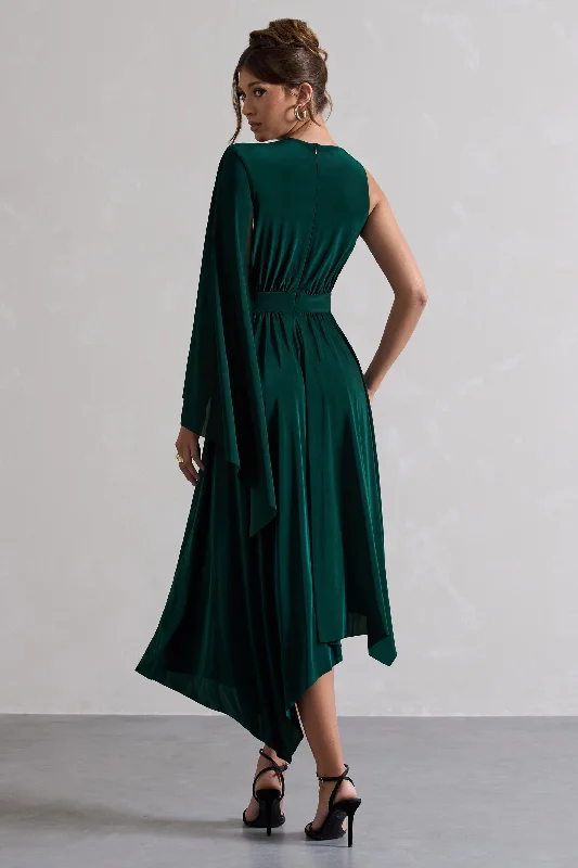 Fable | Bottle Green Plunge-Neck Maxi Dress With Cape Sleeve