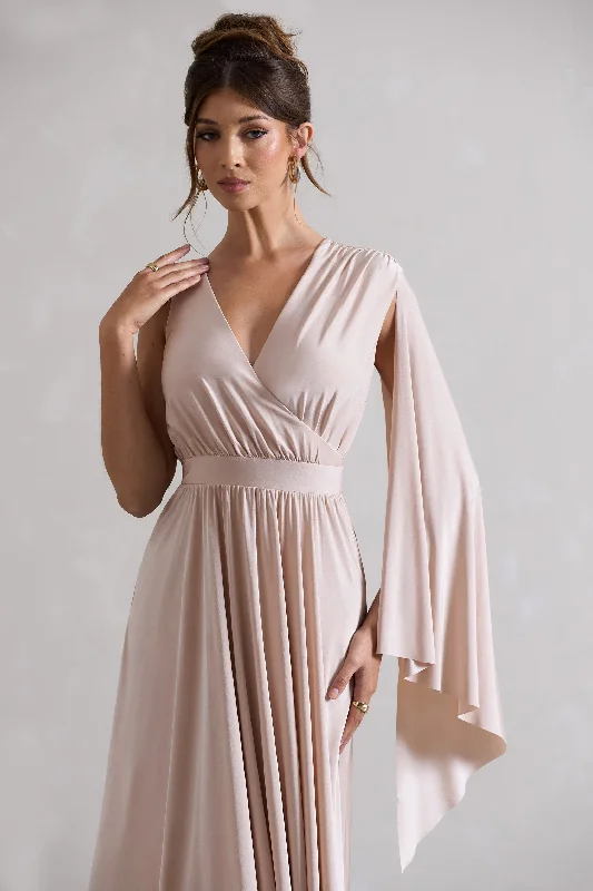 Fable | Champagne Plunge-Neck Maxi Dress With Cape Sleeve