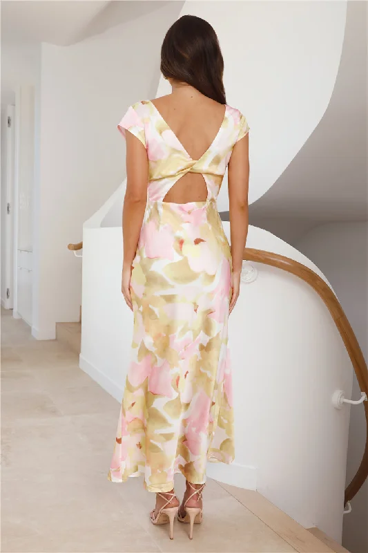 Floating Silk Satin Maxi Dress Yellow