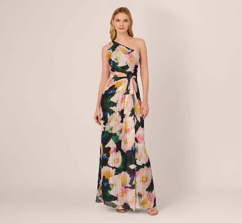 Floral Print Chiffon Gown With One Shoulder Neckline In Black Blush Multi