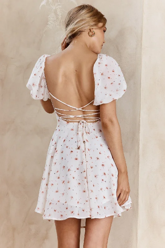 Full Hearts Lace-Up Waist Dress Floral White