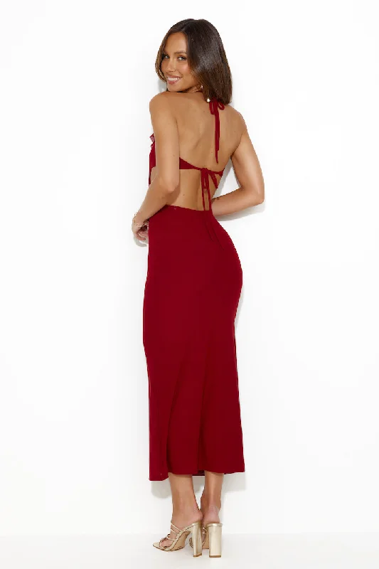 Girl Is Snatched Mesh Halter Maxi Dress Burgundy