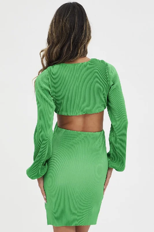 Green Plisse Dress Plunging Ring Detail Balloon Sleeve