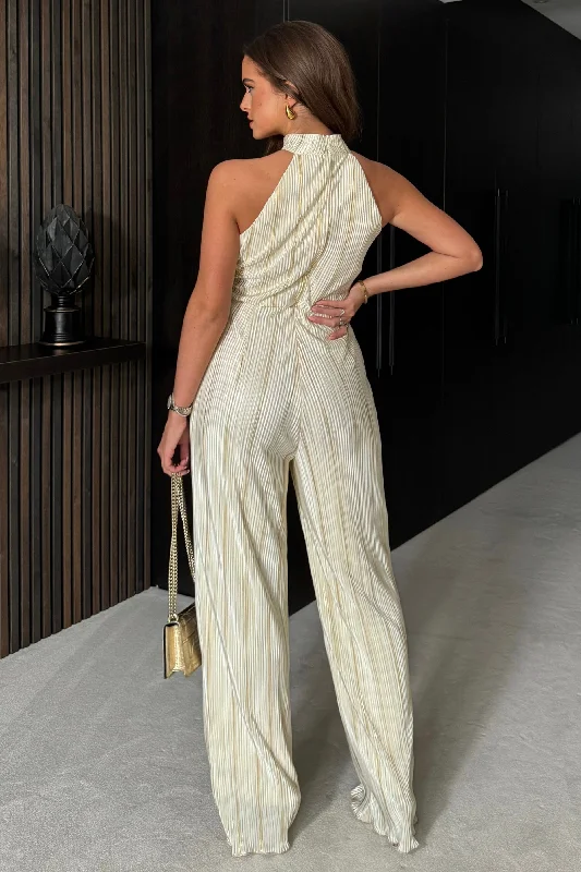 Gwen Halter Neck Plisse Jumpsuit in Cream and Gold