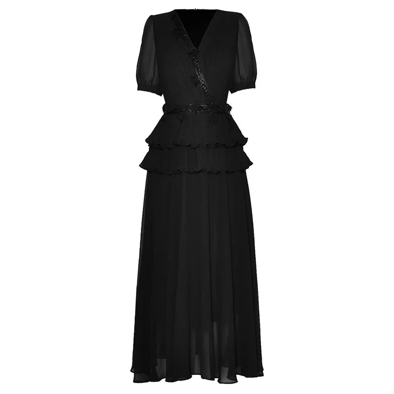 Halimah  V-Neck Short Sleeves Beading Ruffles Black Vintage Party Dress