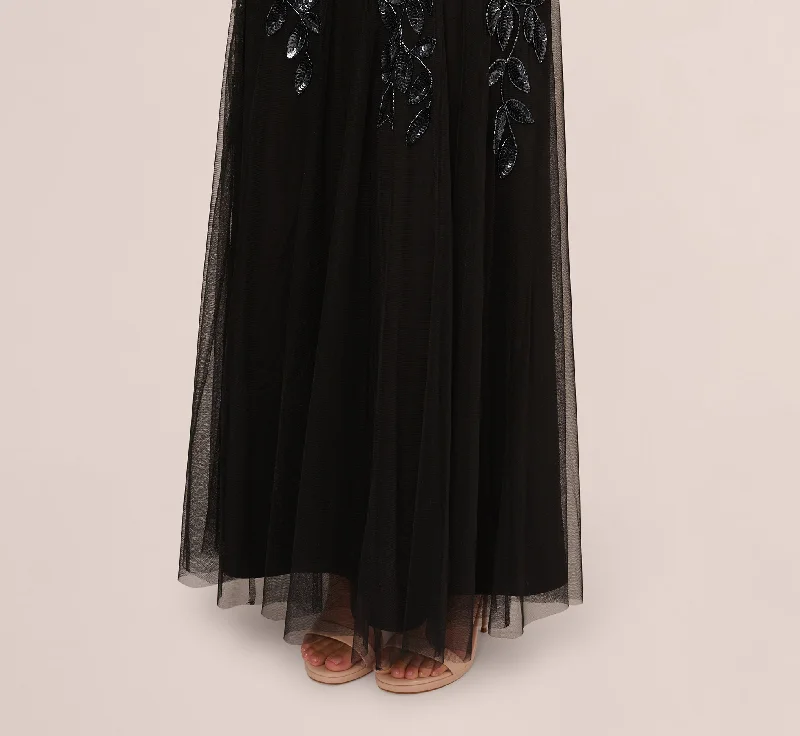 Hand Beaded Short Sleeve Floral Godet Gown In Black Gunmetal