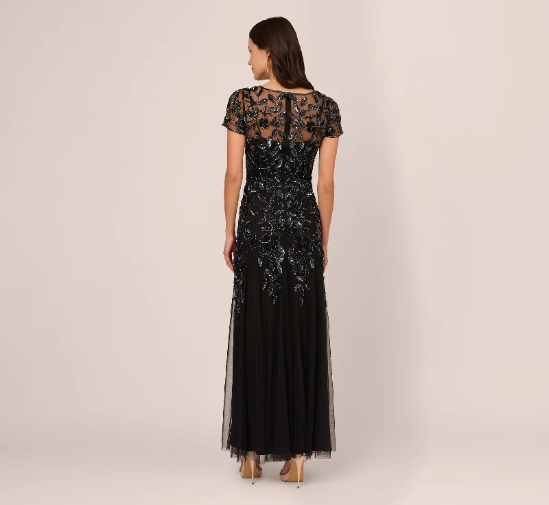 Hand Beaded Short Sleeve Floral Godet Gown In Black Gunmetal