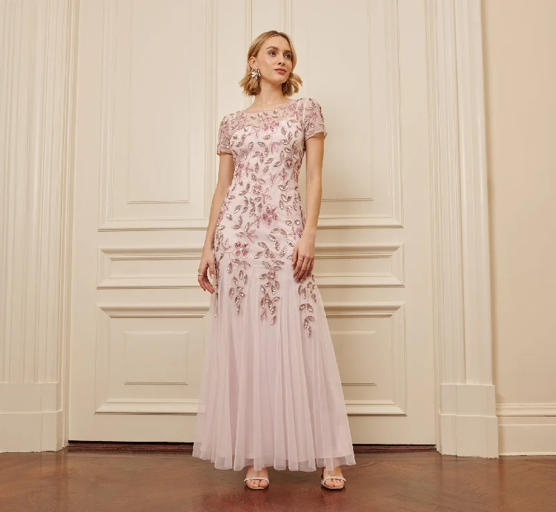 Hand Beaded Short Sleeve Floral Godet Gown In Blush Pink