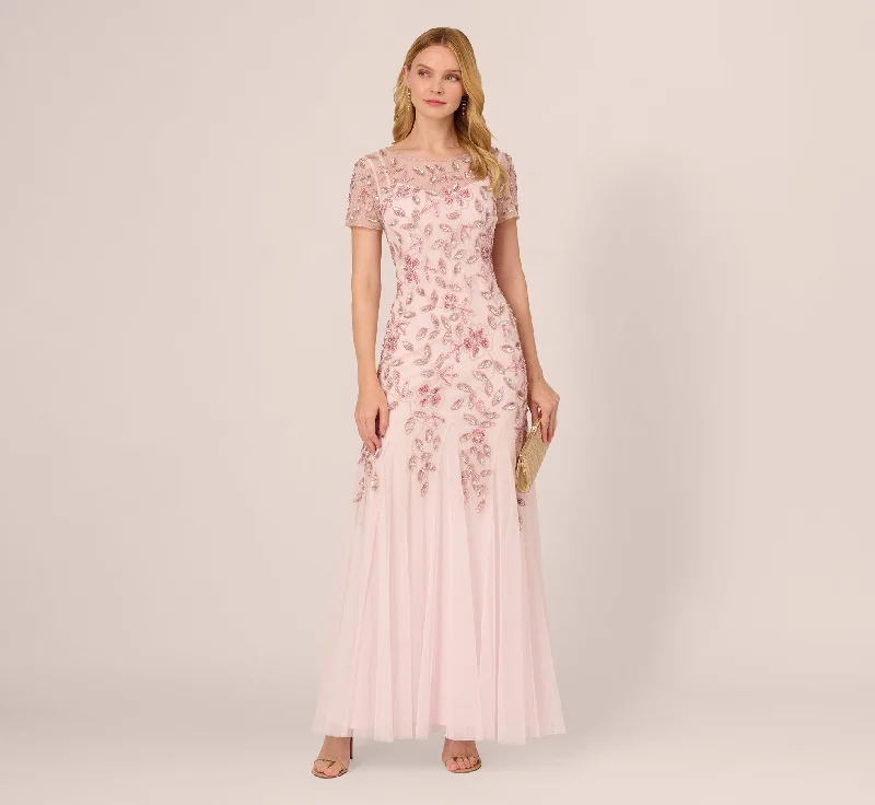 Hand Beaded Short Sleeve Floral Godet Gown In Blush Pink