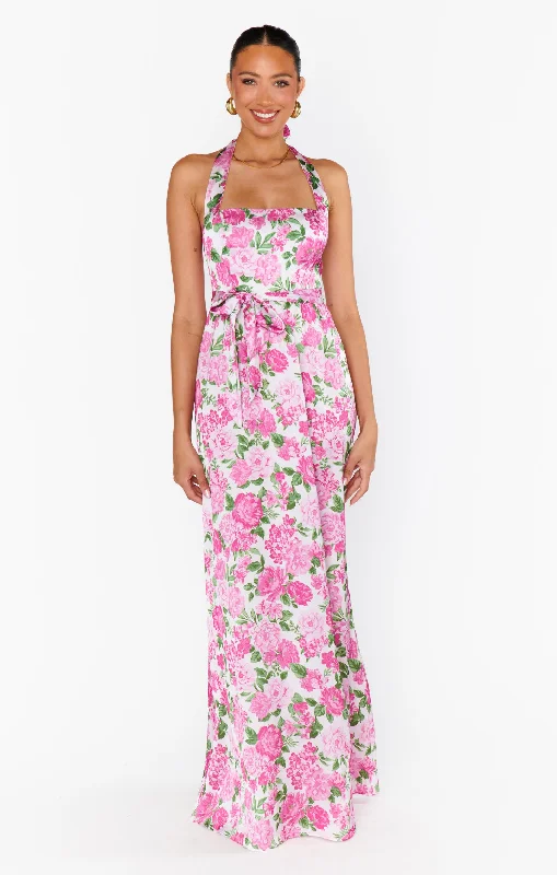 Hazel Halter Maxi Dress ~ Cottage Floral Pink