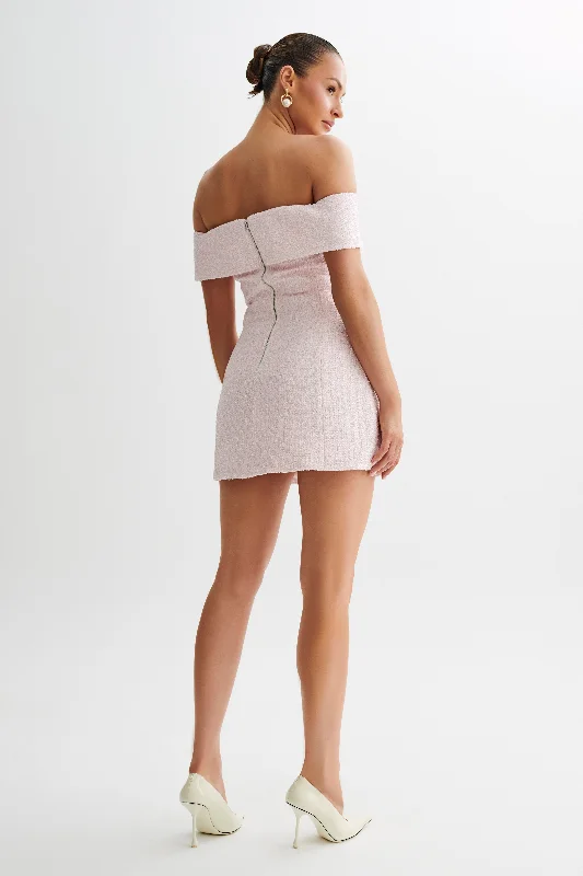 Helena Tweed Off Shoulder Mini Dress - Pink