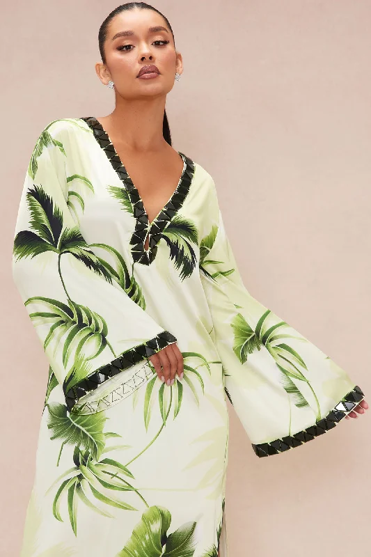 Henley Tropical Satin Kaftan Maxi Dress - Green