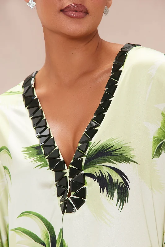 Henley Tropical Satin Kaftan Maxi Dress - Green