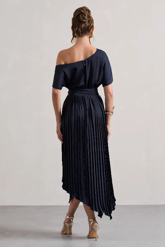 India | Navy Satin Asymmetric Plisse Maxi Dress