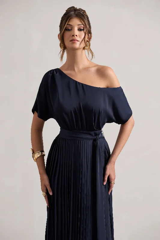 India | Navy Satin Asymmetric Plisse Maxi Dress