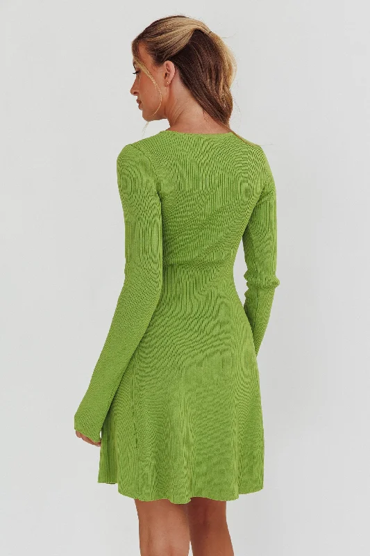 Intuitions Long Sleeve Ribbed Knit Dress Green