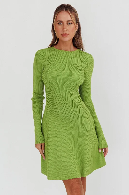 Intuitions Long Sleeve Ribbed Knit Dress Green