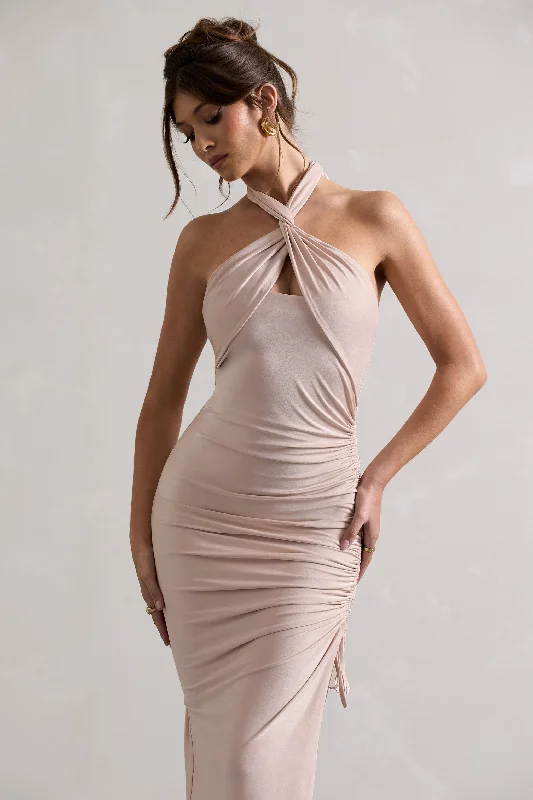 Jaiya | Champagne Ruched Halter-Neck Asymmetric Maxi