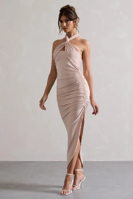 Jaiya | Champagne Ruched Halter-Neck Asymmetric Maxi