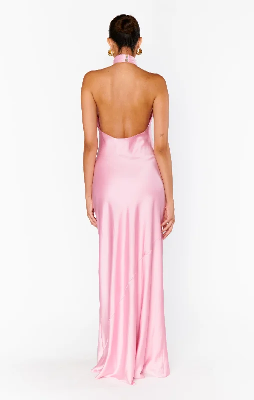 Jasmine Halter Maxi Dress ~ Light Pink Luxe Satin