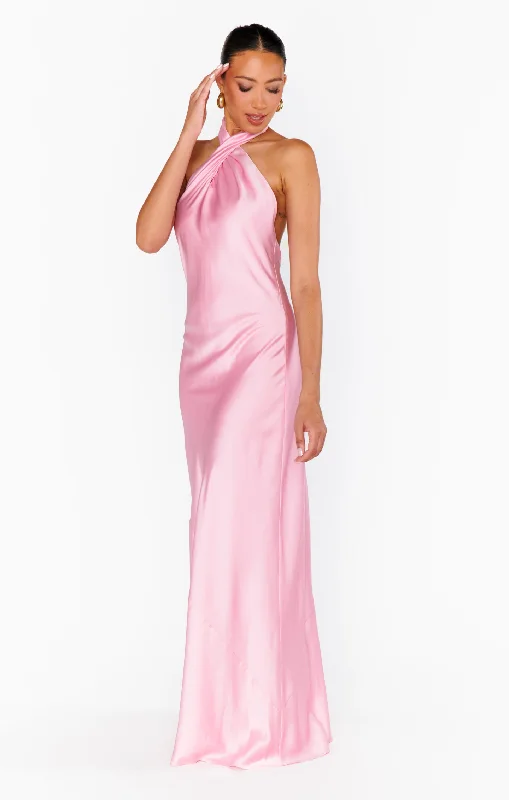 Jasmine Halter Maxi Dress ~ Light Pink Luxe Satin