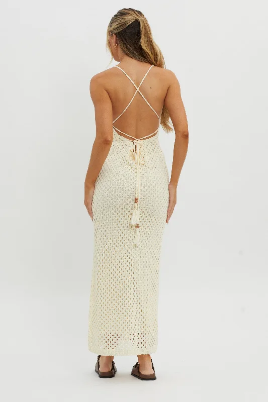 Kesha Open Back Crochet Maxi Dress Cream