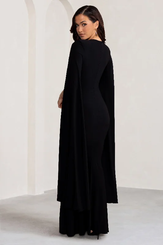 Kimmy | Black High Neck Maxi Dress with Cape Sleeves