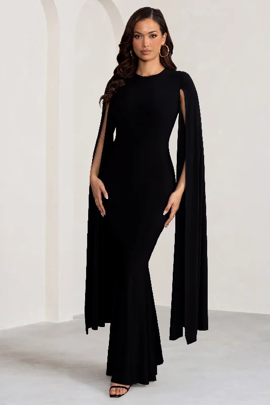 Kimmy | Black High Neck Maxi Dress with Cape Sleeves