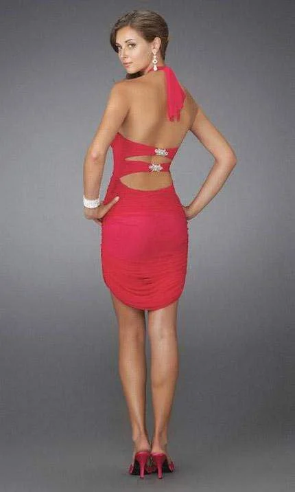 La Femme - 14490 Ruched Halter Mini with Beaded Brooches