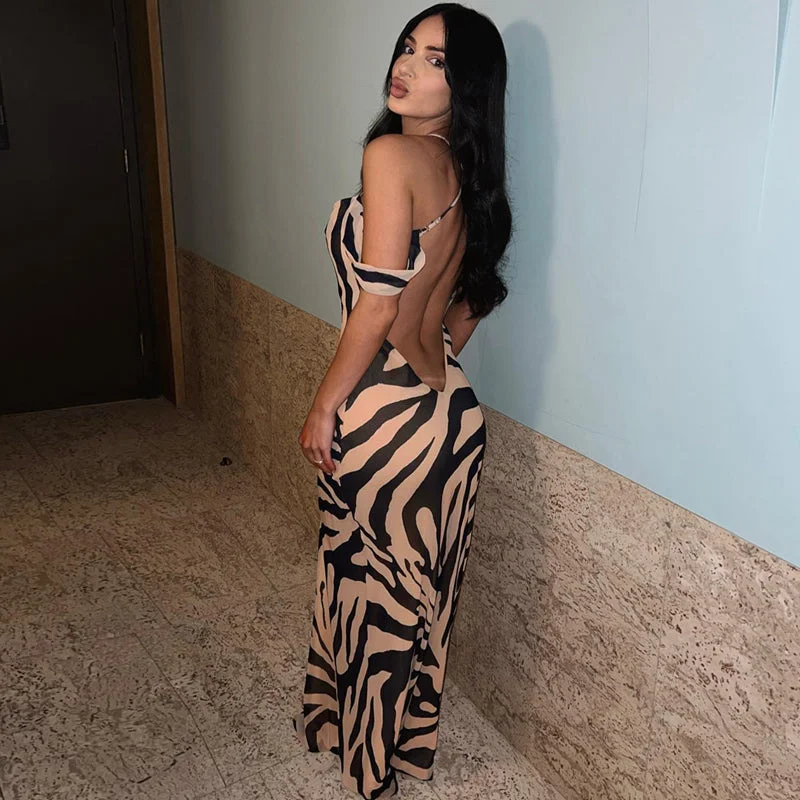 Lagerfe 3463 Striped Zebra Print Backless Slim Off The Shoulder Elegant Women'S Dresses Evening Prom Lady 2023 Casual Clothes