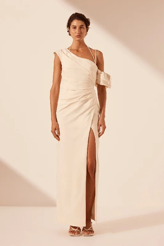 LANI ASYMMETRICAL DRAPED MAXI DRESS - RICE