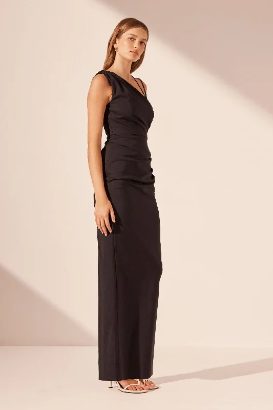 LANI ASYMMETRICAL GATHERED MAXI DRESS - BLACK