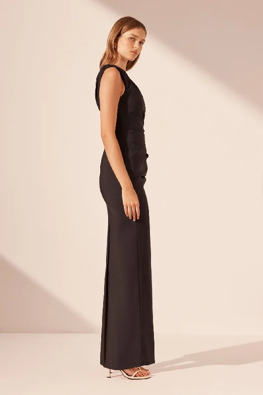 LANI ASYMMETRICAL GATHERED MAXI DRESS - BLACK