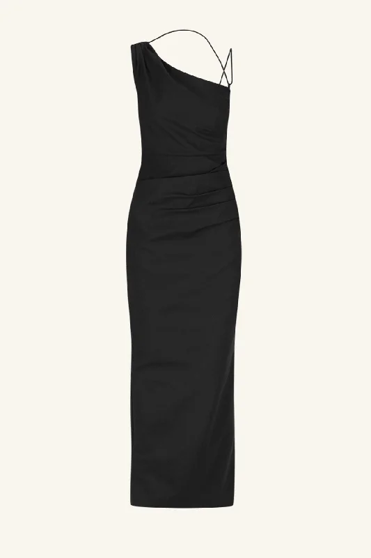 LANI ASYMMETRICAL GATHERED MAXI DRESS - BLACK