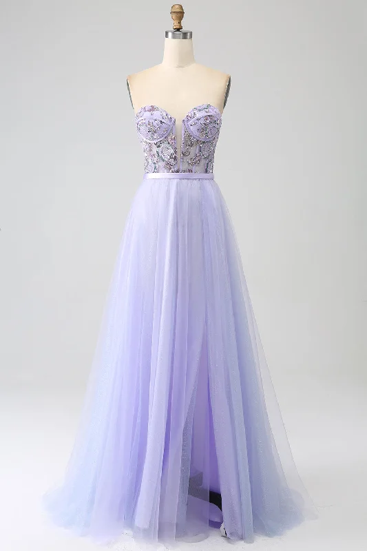 Lavender A Line Tulle Corset Prom Dress with Slit