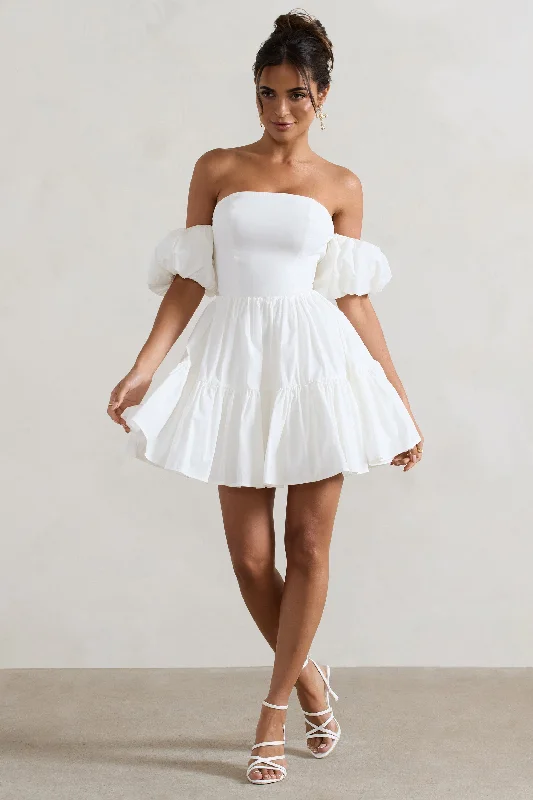 Lani | White Poplin Bardot Tiered Mini Dress With Puff Sleeves