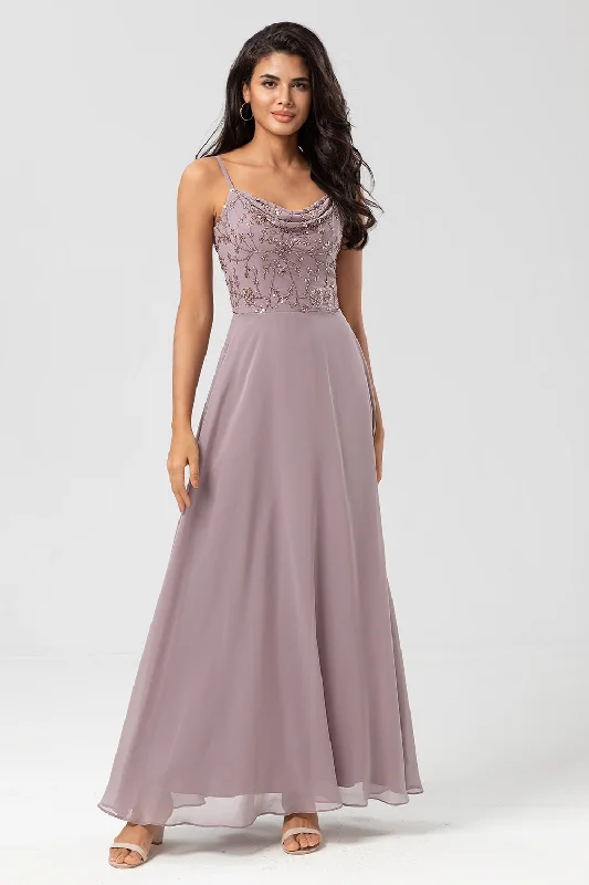 Long Dusty Sage Bridesmaid Dress with Beaded